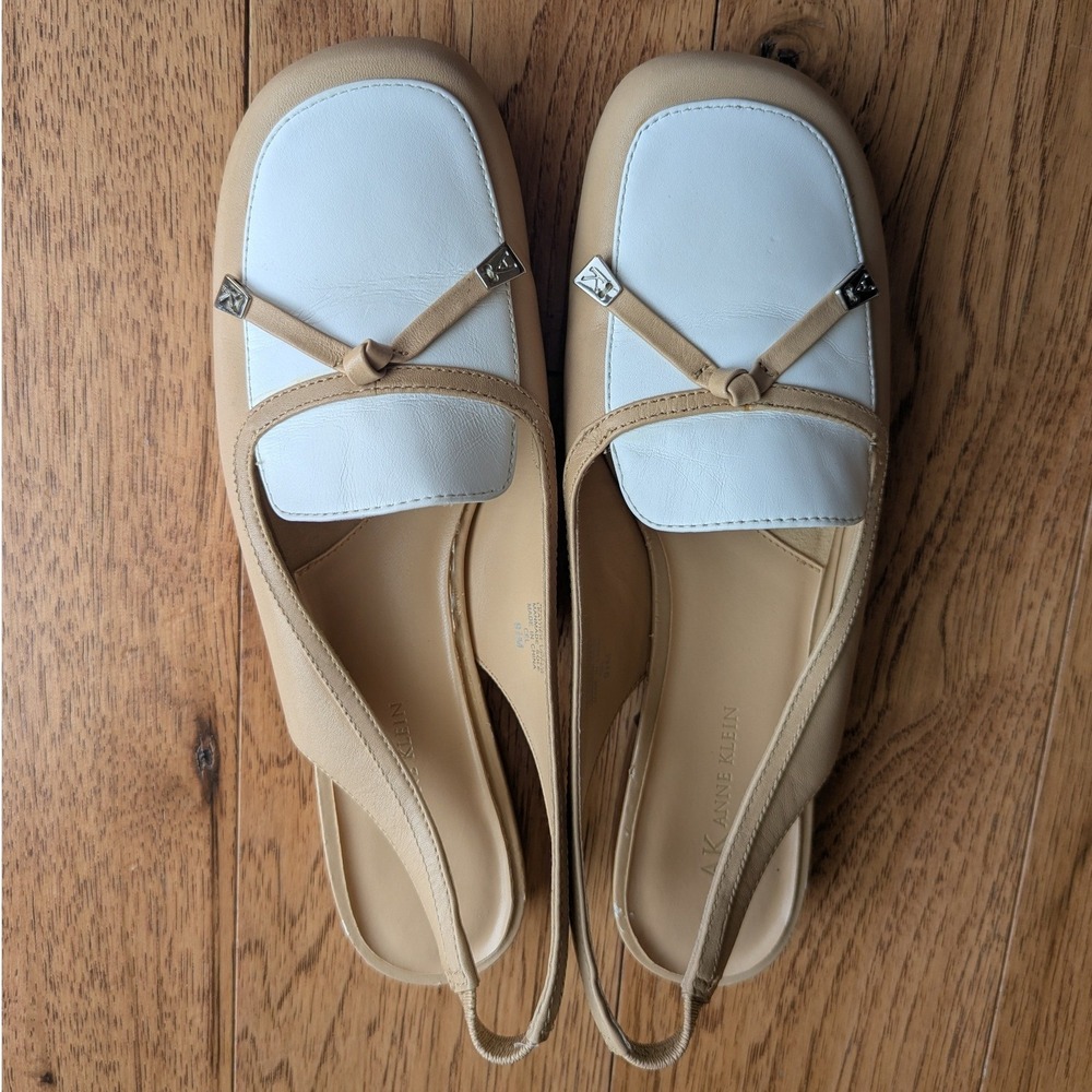 Vtg Anne Klein Tan‎ White Leather Slingback Loafers Square Toe Sz 9.5M Macellars